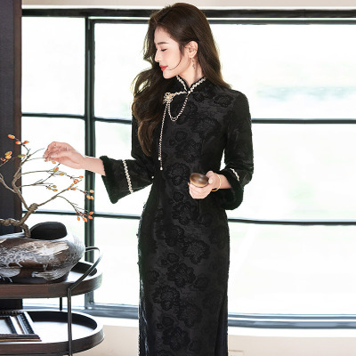 黑色加绒加厚冬装国风新中式长款长袖改良旗袍2025新款女复古冬季