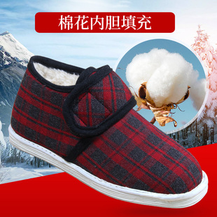 包邮老北京布鞋女士冬季加绒保暖棉鞋红格子千层底手工棉花老棉鞋