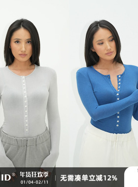 WellD 羽毛系列 澳洲美利奴天丝+羊毛 纽扣连体衣女基础百搭上衣