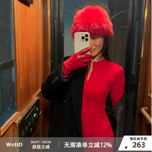 WellD 打底排扣长裙子秋冬 新年圣诞红纽扣外穿针织连衣裙女修身