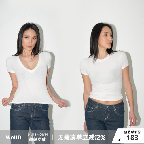 WellD  雪花棉V领圆领短袖T恤女春夏季基础百搭打底外穿上衣