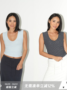 WellD 手工无骨缝合/遮副乳 基础款蓝色细条纹V领无袖背心女上衣