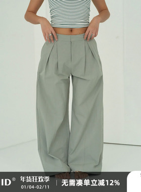 WellD 100%棉工装风立体分割褶皱休闲洗水直筒长裤时尚百搭阔腿裤