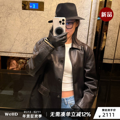 WellD  100%小羊皮 衬衫式翻领皮衣外套女秋冬季皮夹克高级感上衣