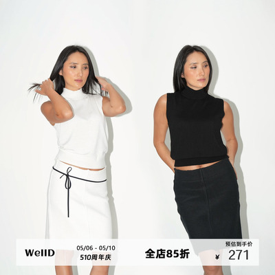 WellD 90s时髦时装款 真丝羊毛无袖小高领背心女经典高级百搭上衣