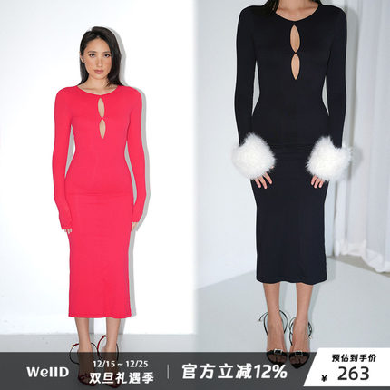 WellD魔术系列圣诞款 skim*s同款面料 镂空圆领长袖连衣裙