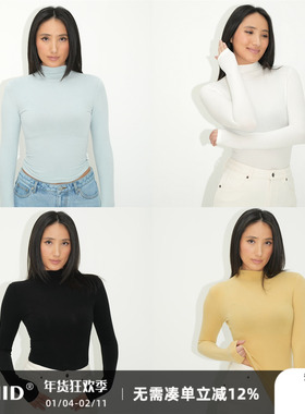 WellD 柔雾系列  半高领收腰高弹轻磨毛长袖T恤女打底衫基础上衣