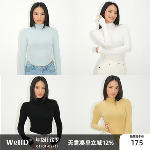 WellD 柔雾系列  半高领收腰高弹轻磨毛长袖T恤女打底衫基础上衣