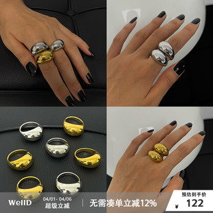 原创小众复古钛钢镀18K金宽面夸张时髦戒指高级指环 WellD
