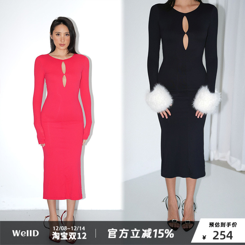 WellD魔术系列圣诞款 skim*s同款面料 镂空圆领长袖连衣裙
