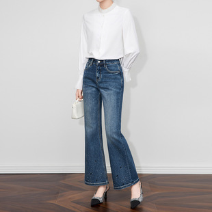 SZMLZD莉莉重工欧货烫钻亮片加绒微喇牛仔裤秋冬修身高腰显瘦