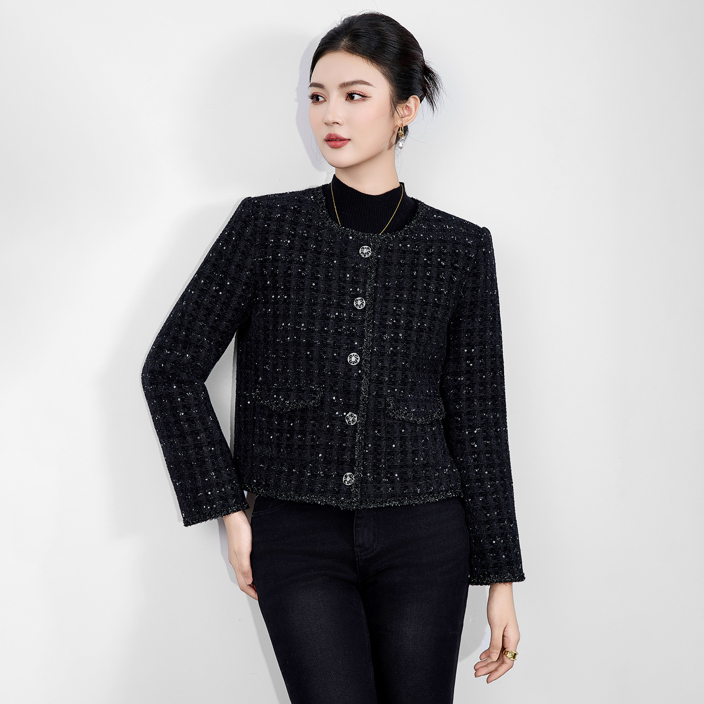 亮丝羊毛混纺粗花呢小香风外套