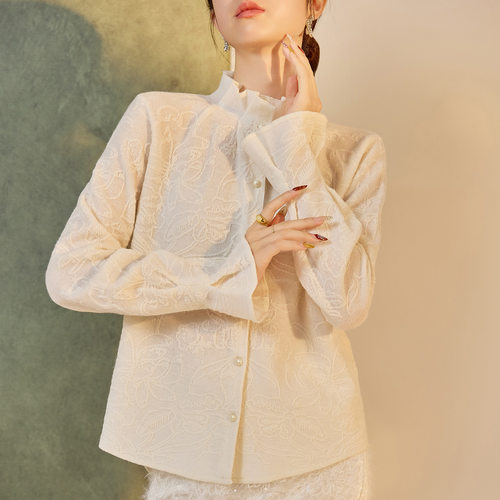 上衣时尚新中式复古花边领衬衫