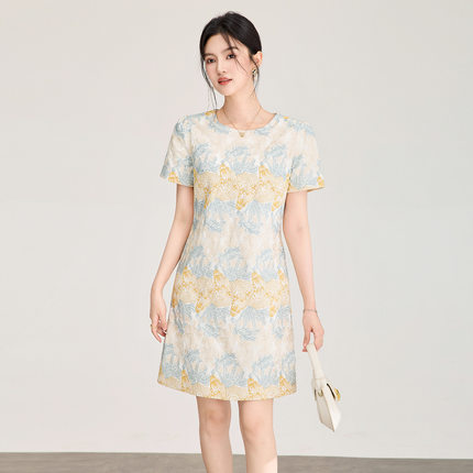 SZMLZD高品质织缎立绣提花修身短袖连衣裙时髦夏女装A字裙
