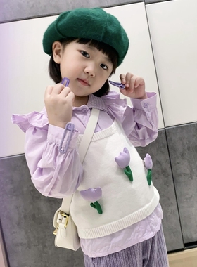 女童两件套紫色纯棉衬衫三件套吊带马甲坎肩胖女童裤子肥腿裤甩裤