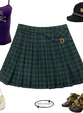 25秋早古日系街头学院JK制服辣妹绿色A字格子短裙半身百褶裙