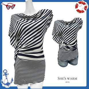 海军风解构设计感小众复古艺术系针织弹力条纹中长款 上衣