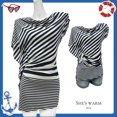 海军风解构设计感小众复古艺术系针织弹力条纹中长款上衣