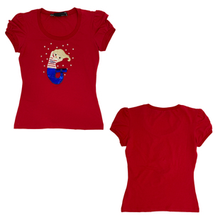 T恤 圆领短袖 20026夏季 早古街头复古嬉皮红色刺绣星星美人鱼泡泡袖