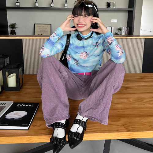 欧美复古嬉皮朋克天使艺术油画印花网纱高领长袖T恤紧身防晒打底
