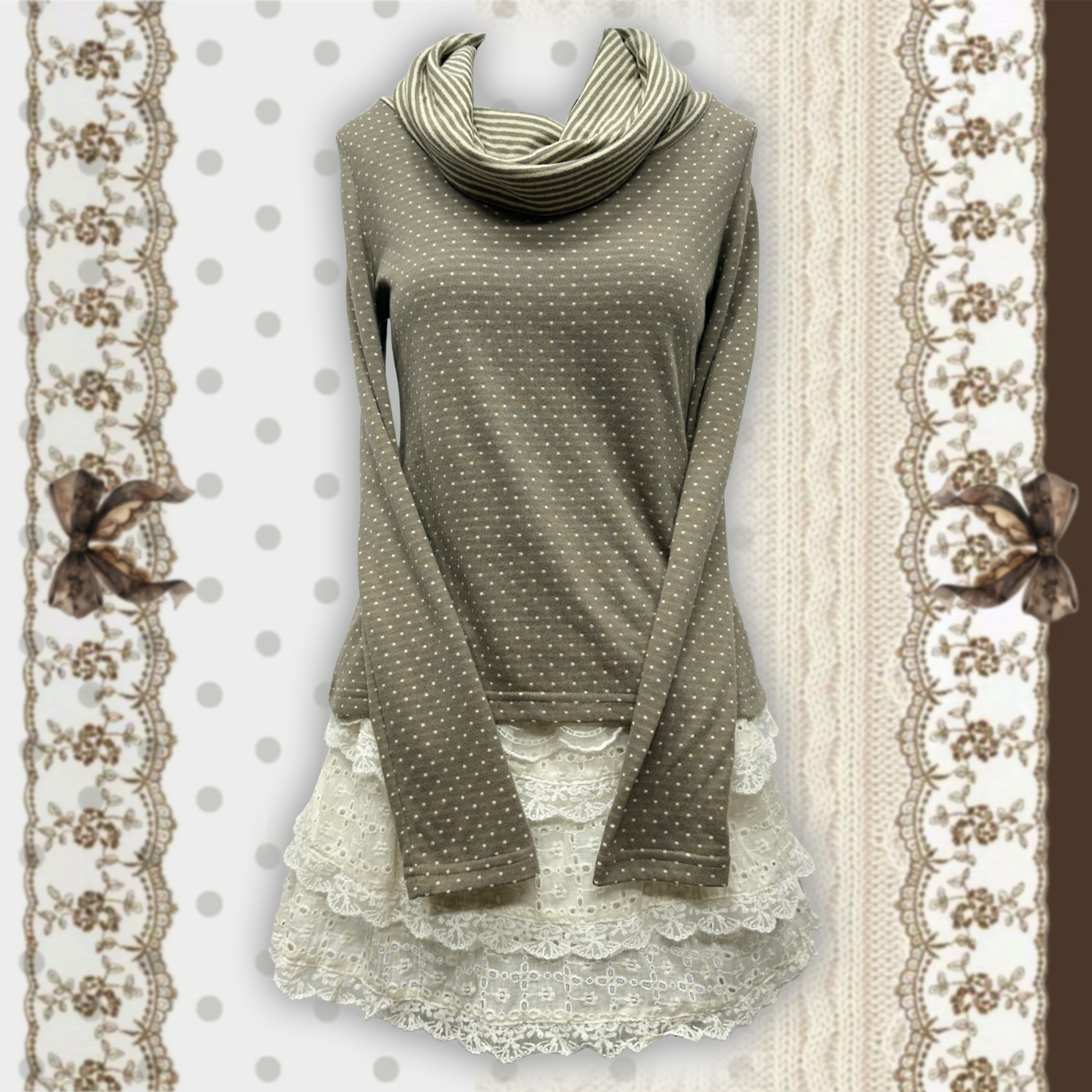 日杂风森女千禧风可爱复古学院亚亚波点针织打底衫堆堆领长袖T恤