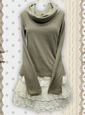 日杂风森女千禧风可爱复古学院亚亚波点针织打底衫堆堆领长袖T恤