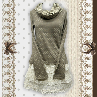 日杂风森女千禧风可爱复古学院亚亚波点针织打底衫 T恤 堆堆领长袖