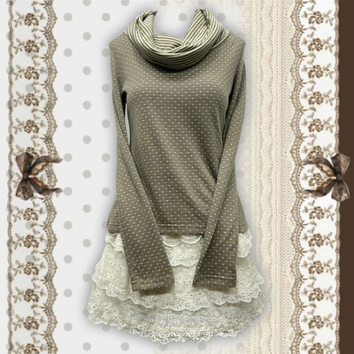 日杂风森女千禧风可爱复古学院亚亚波点针织打底衫堆堆领长袖T恤