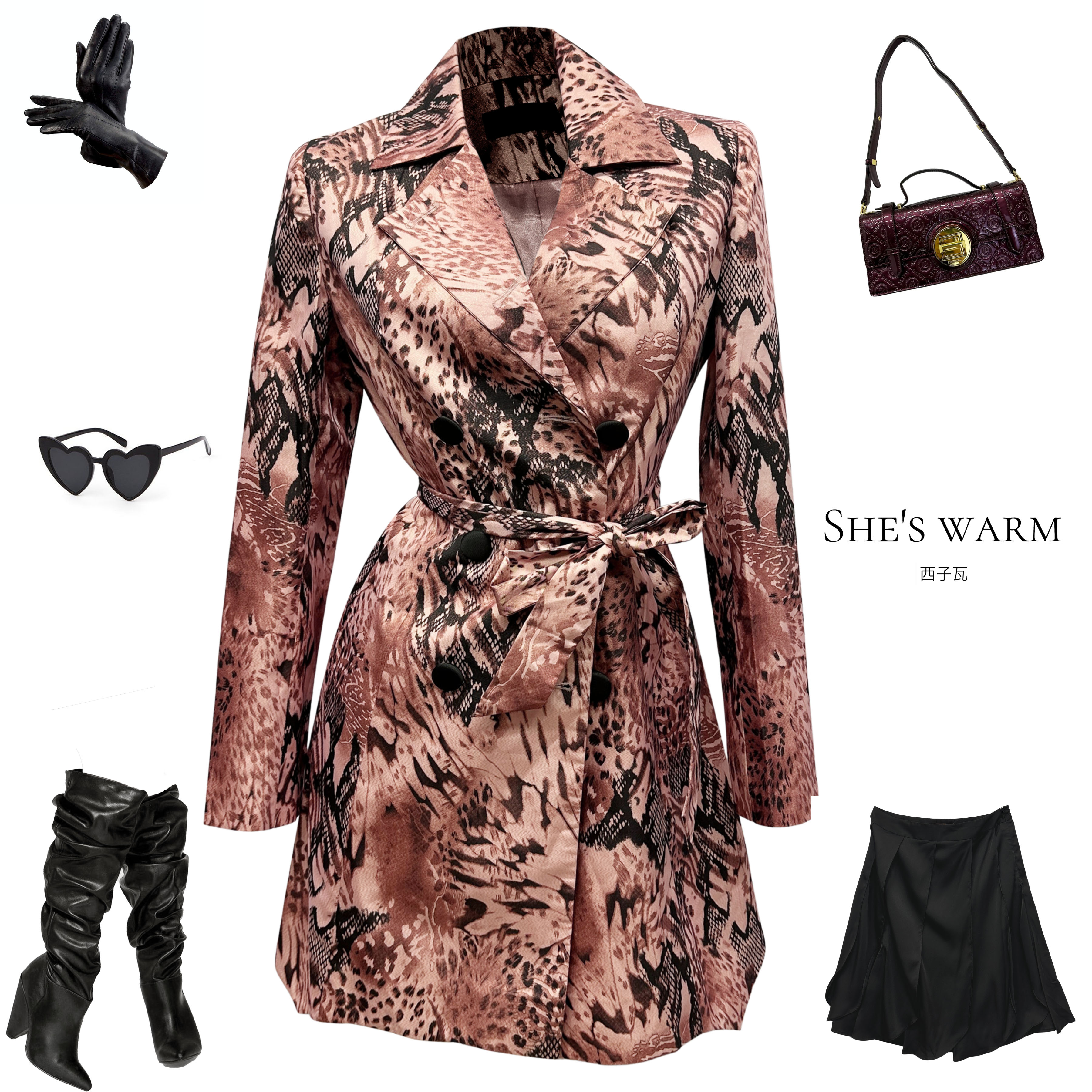 25秋日系复古街头个性辣妹风蟒蛇纹印花时尚休闲中长款外套风衣女