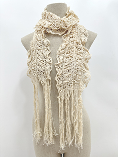 日系早古波西米亚杏色亮丝薄款 饰围巾 褶皱长方形蕾丝镂空流苏装