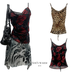 Y2K古早千禧早韩古着风涩谷辣妹玫瑰花豹纹性感吊带背心上衣女