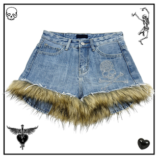轻亚古早早韩日系嬉皮骷髅洗水做旧无弹显瘦中腰浅蓝毛毛牛仔短裤