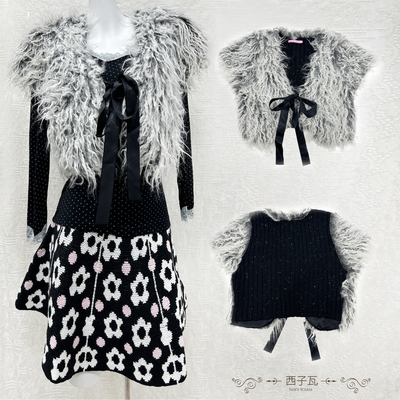 日杂风古早早韩亚文化针织毛线毛毛短袖叠穿外披开衫