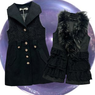 时髦县城风gyaru日系古早感黑金复古真毛领蕾丝黑色蛋糕长马甲女