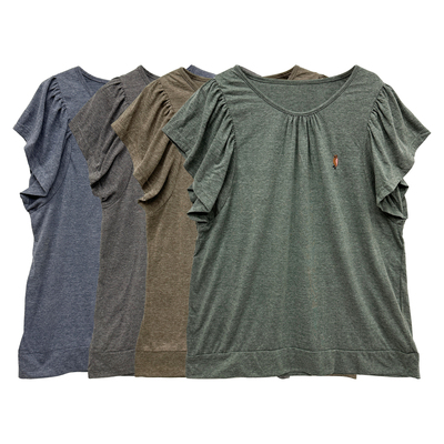 早古森系复古设计感褶皱刺绣舒适棉圆领飞袖T恤