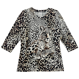 千禧风古早感豹纹印花圆领宽松弹力长款 T恤女 七分袖