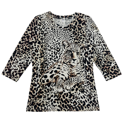 千禧风古早感豹纹印花圆领宽松弹力长款七分袖T恤女