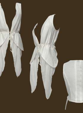 古早韩系亚亚白色麻料绑带无袖不规则飘逸外披开衫