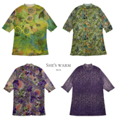 早古昭和早韩复古波西米亚抽象印花多彩网纱高领宽松短袖 弹力上衣