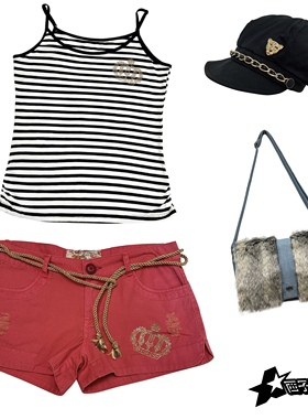 古早早韩非主流亚文化复古gyaru辣妹西瓜红皇冠低腰超短裤热裤