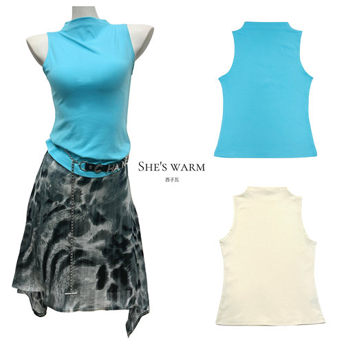 经济上行期的美～千禧早古个性棉弹舒适百搭修身高领无袖背心女