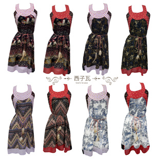 复古度假波西米亚民族风人棉薄款 连衣裙女 印花绣花中长款