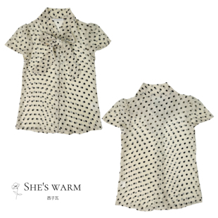 上衣衬衫 25夏日杂古早昭和复古波点蝴蝶系带短袖 V领半透雪纺衫