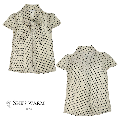 26夏日杂古早昭和复古波点蝴蝶系带短袖V领半透雪纺衫上衣衬衫