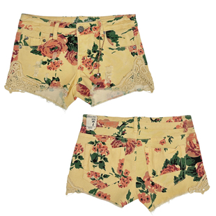 外贸单超辣90s复古千禧涩谷辣妹街头蕾丝拼接印花低腰牛仔短裤