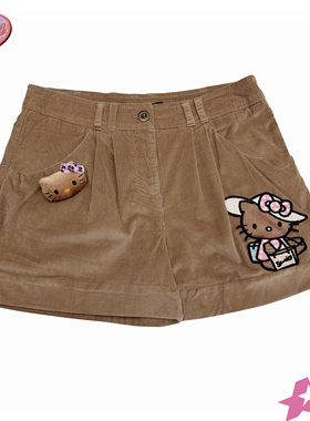 千禧日杂风涩谷辣妹gyaru驼色街头中腰灯芯绒休闲裤卡通A字短裤