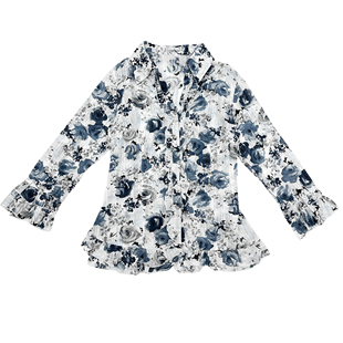 衬衣女 木耳边收腰七分袖 新中式 文艺水墨玫瑰艺术系晕染薄款