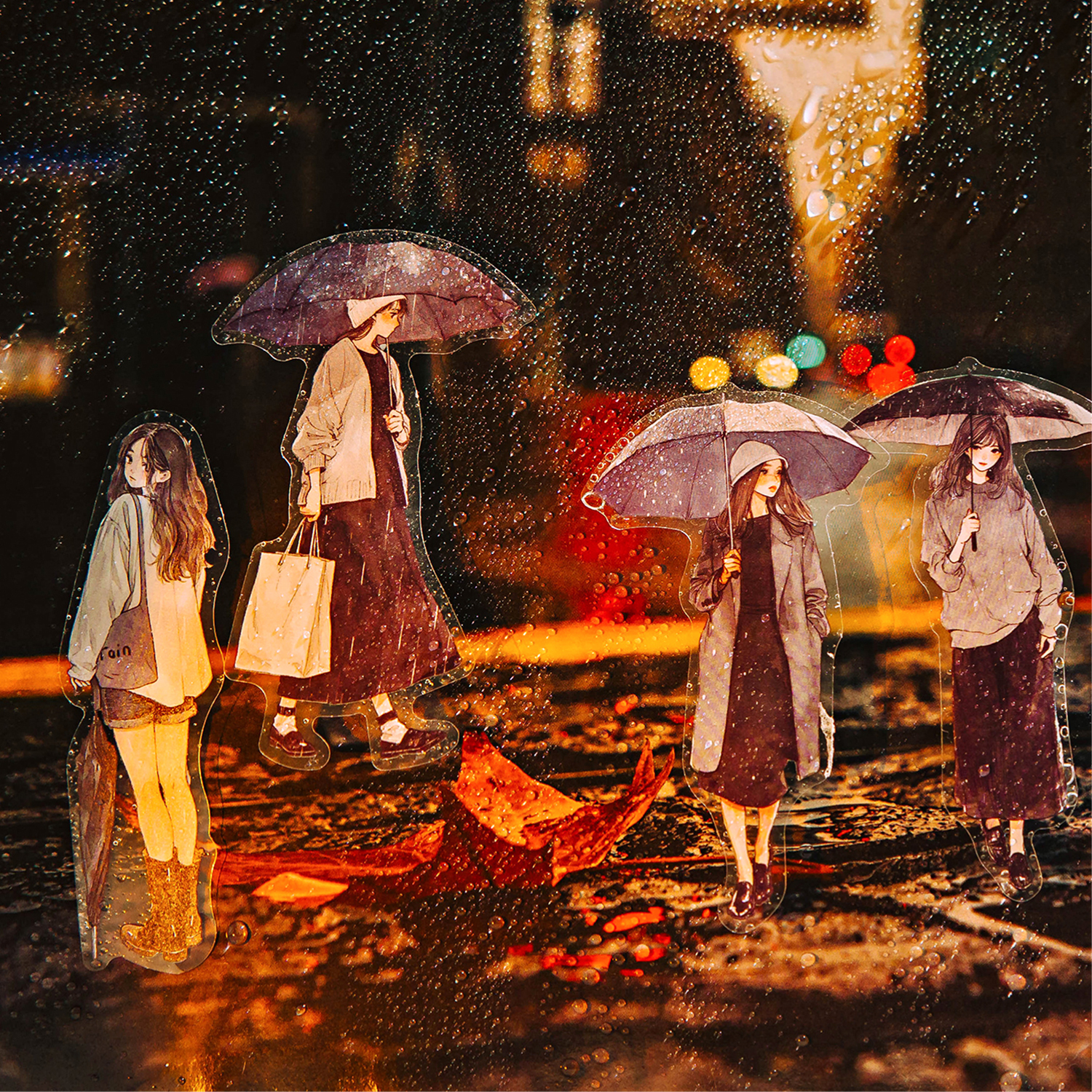 M｜雨声序曲贴纸 盐系清新都市人物白墨轻复古手绘pet手账拼贴画