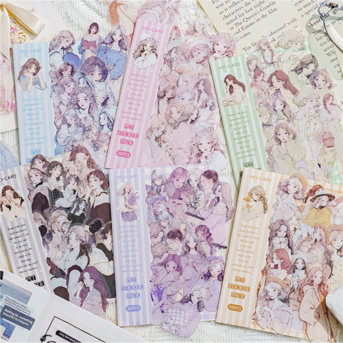 贴纸手绘插画人物盐系生活元素