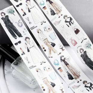 M｜今日穿搭手帐胶带 盐系水彩手绘女生日常穿搭和纸手账拼贴画